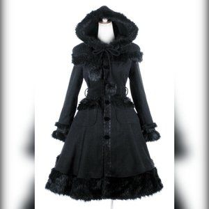 Punk Rave Gothic Lolita Hooded Flared Coat Jacket with Faux Fur & Lace Trim, XS